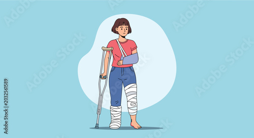Young woman stands with a heavily bandaged leg using a crutch and wears a medical sling on her arm to recover from multiple injuries.