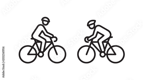 Bicycle cyclists line icon set showing two riders pedaling fast on white background featuring cycling, rider, vector style with outline and minimal