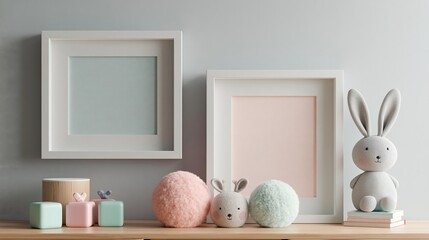 Two empty decorative picture frames with soft pastel colored Easter decorations and stuffed bunny toys on a wooden shelf