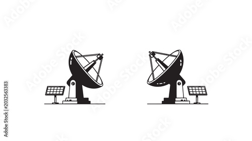 Foto Satellite dishes illustration of dual parabolic antennas with radio waves, commu