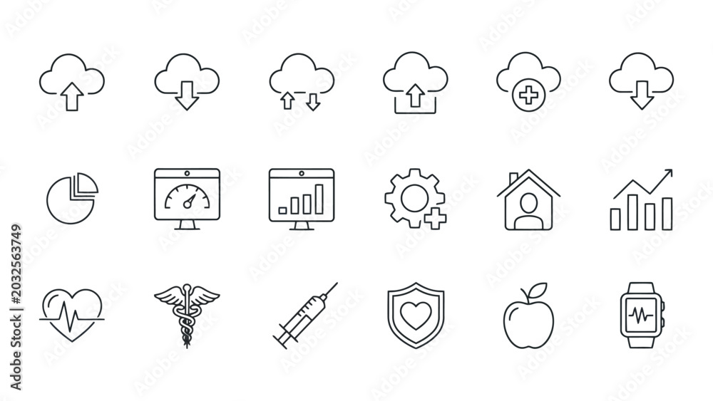 Fototapeta premium Collection of minimal outline cloud computing and medical health technology icons set for digital interface design projects isolated on white background depicting modern data management solutions