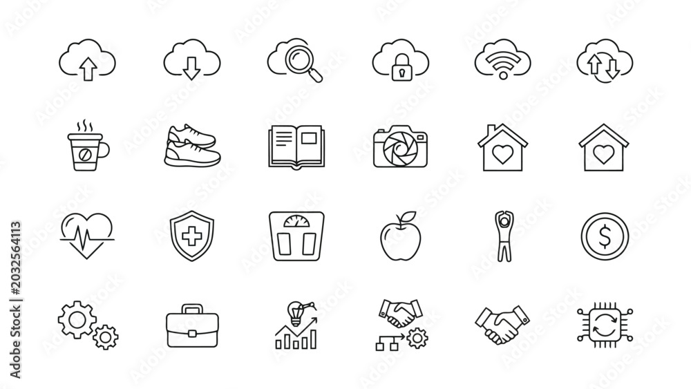 Obraz premium Health and wellness line icons set featuring fitness medical and home care symbols for lifestyle apps and healthy living websites on clean background