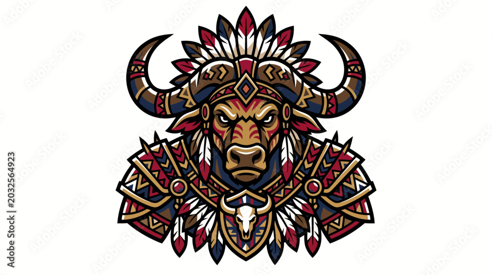 Fototapeta premium Fierce tribal bull warrior mascot with feathered headdress