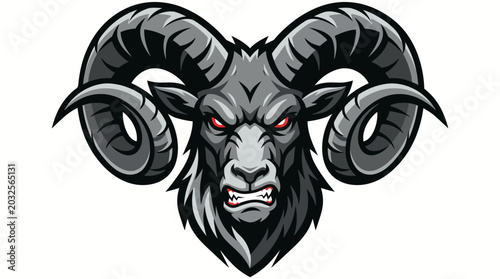 Aggressive ram head mascot with large horns and red eyes