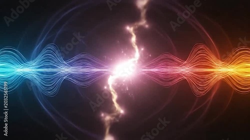Abstract blue and orange energy streams converging on a dark background