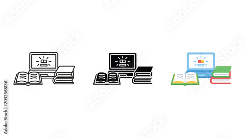 Online education and digital learning resources icon set with laptop and books