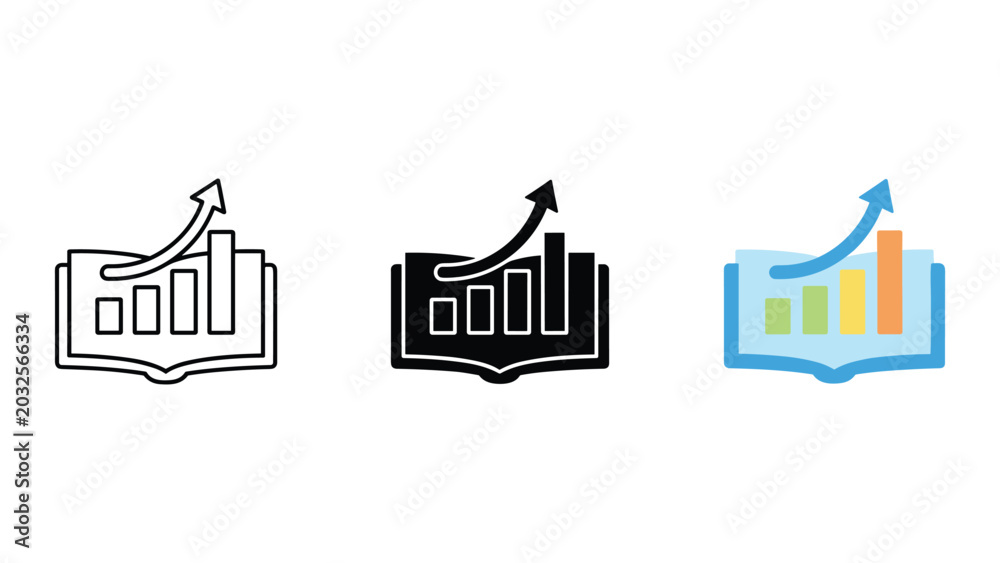 Fototapeta premium Financial literacy and education growth icon set with open book and bar chart graph