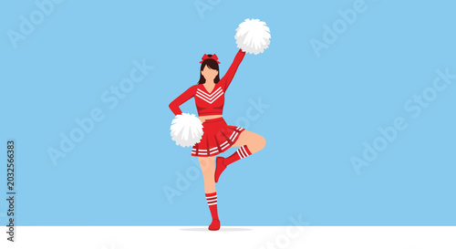 Energetic cheerleader in a bright red and white uniform poses on one leg with large white fluffy pom-poms for a team routine.