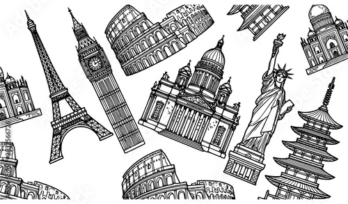 Global Famous Buildings Outline Set Iskakievsky Cathedral Eiffel Tower Big Ben Colosseum Statue of Liberty Japanese Pagoda Vector Illustration Collection