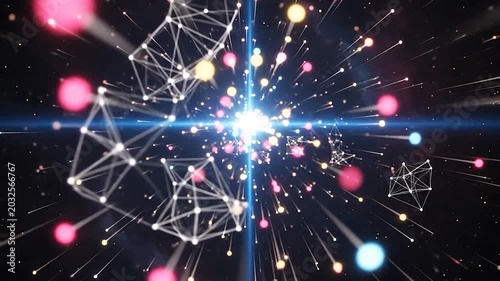 Bright light particles and connected lines radiate in abstract space