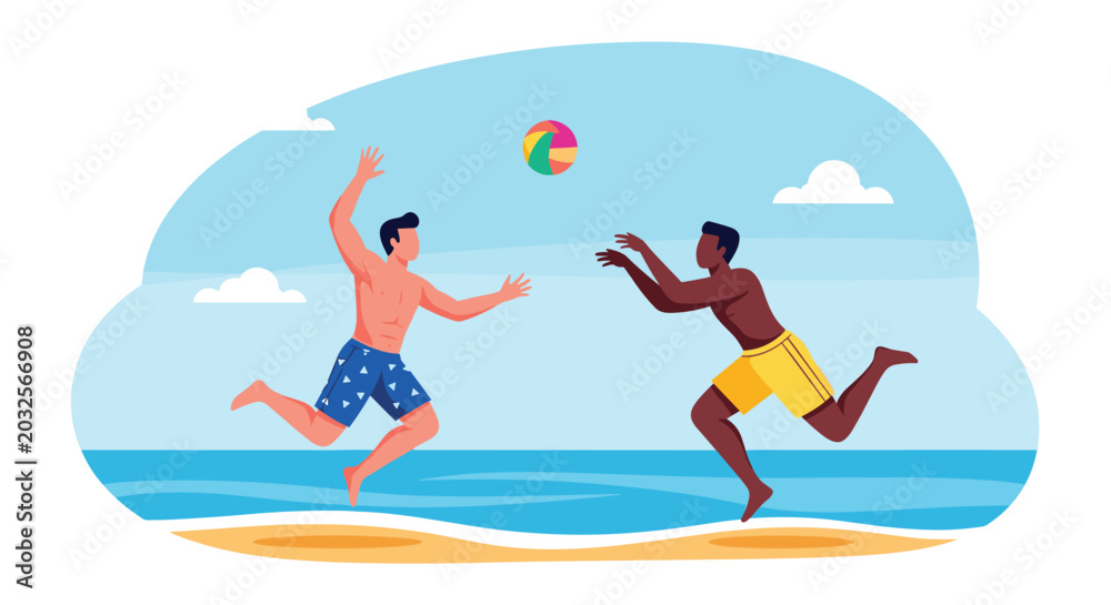 Fototapeta premium Two athletic men enjoy a competitive game of beach volleyball on a sunny shore with a blue ocean and white clouds in the background.