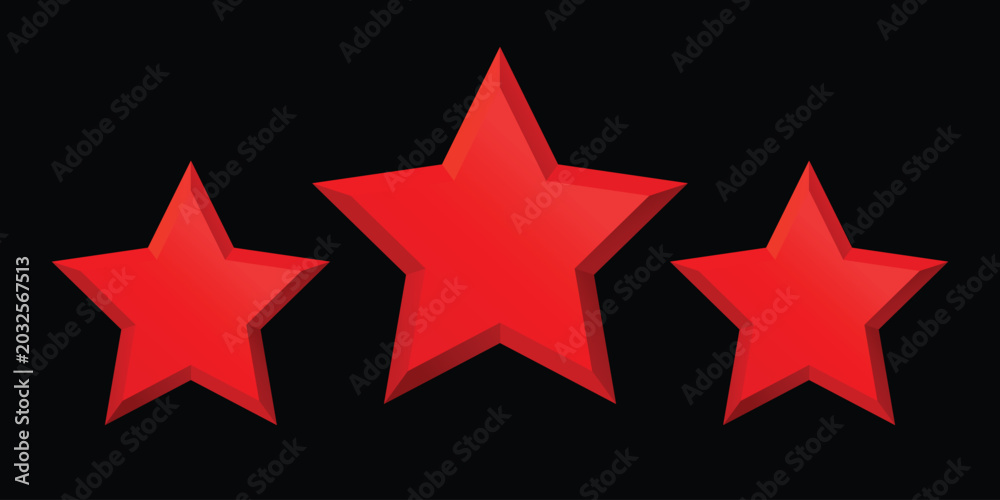 Fototapeta premium Three red stars rating rating set in 3D style. Clean geometric star icons representing review, feedback, quality and ranking. Isolated on black background, perfect for UI design, apps, websites, award