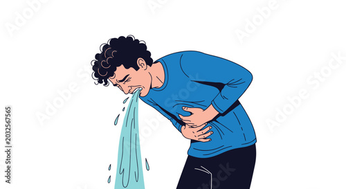 Man leaning forward while vomiting or feeling very nauseous, illustrating symptoms of food poisoning, illness, or excessive drinking.