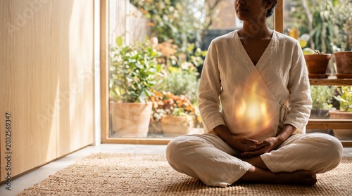 Woman meditating with inner fire visualization in tranquil setting