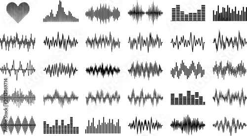 Tableau sur toile Audio waveform and equalizer icons set, sound frequency visualizers for music, p
