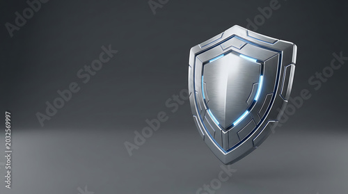 3D metallic shield isolated on a gray background