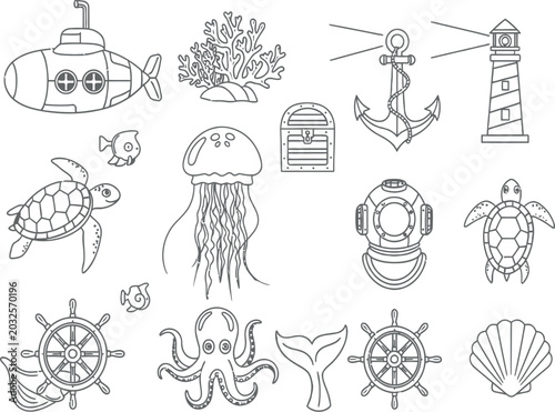 Fotografie Ocean life coloring book icons, underwater sea animal line art set, nautical sub