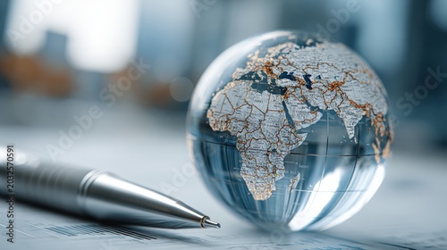 Small globe with cracked surface showing africa and europe next to a silver pen on a desk