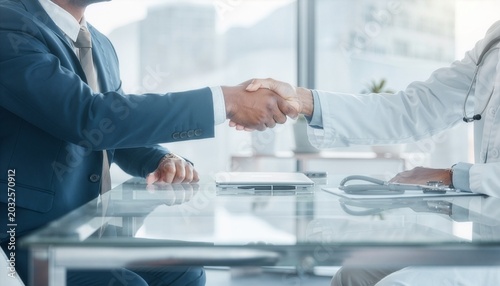  Business executive and medical doctor shake hands across glass desk in bright professional office.