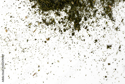 The High-resolution of Ground green tea using stack focus technique on a white background, suitable for editing.