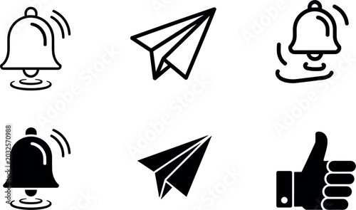 Notification and message icon collection vector illustration, bell, paper plane, and thumbs up symbols set isolated background