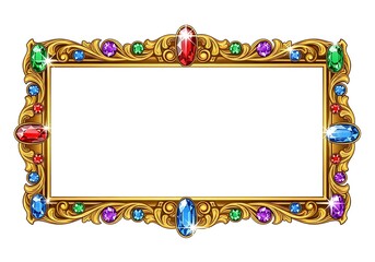 Elegant Golden Ornate Frame With Colorful Gemstone Decorations Isolated