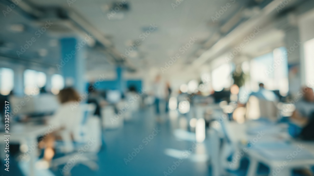 Fototapeta premium Blurred view of busy modern office space with employees working at desks under bright natural light.