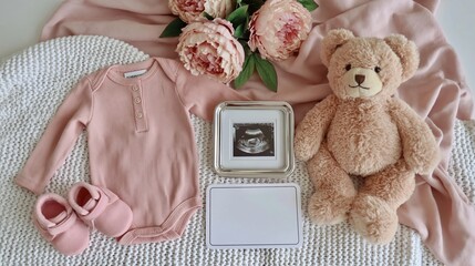 Sweet Pink Baby Announcement Flat Lay with Ultrasound, Onesie, Booties, Teddy Bear, and Flowers