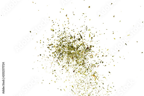 The High-resolution of Ground green tea using stack focus technique on a white background, suitable for editing.