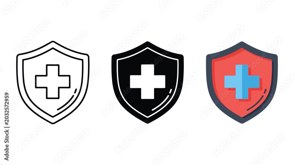 Fototapeta premium Medical shield vector illustration set with cross symbol