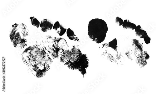 Quadro su tela Black ink human footprints isolated on transparent background hand drawn foot marks grunge texture stamp of walking bare feet silhouettes for creative design projects