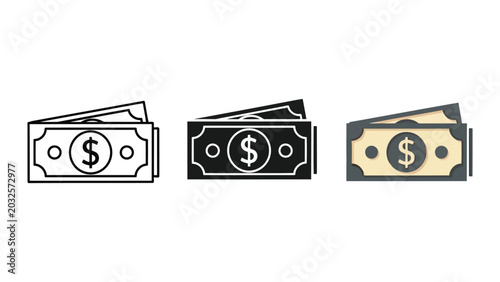 Принти на полотні Set of dollar banknote icons in line art solid and flat vector styles
