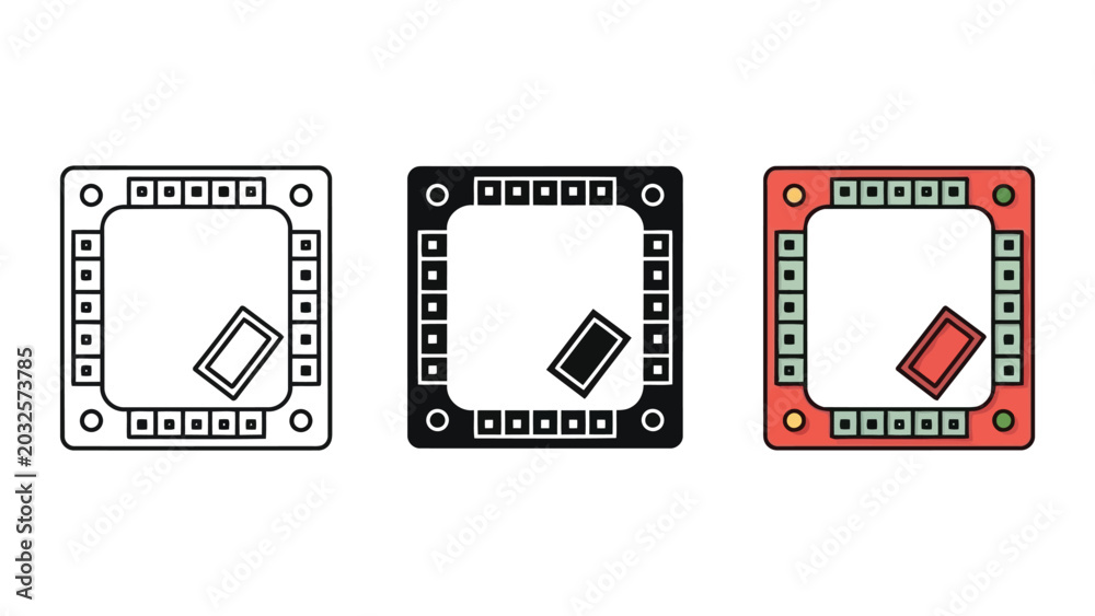 Fototapeta premium Computer processor chip icon set in line art and flat vector style