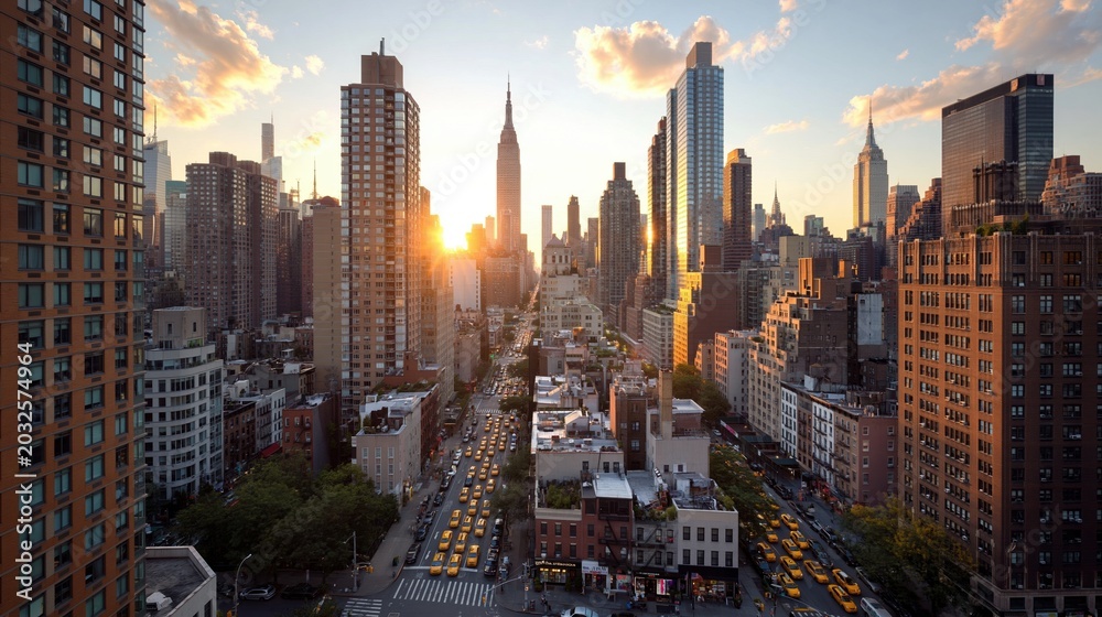 Obraz premium Golden Hour Sunlight Illuminates a Dense Urban Skyline with Iconic Tall Buildings and Busy Streets Below