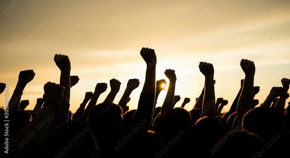 Fototapeta premium Silhouettes of raised fists against sunset sky
