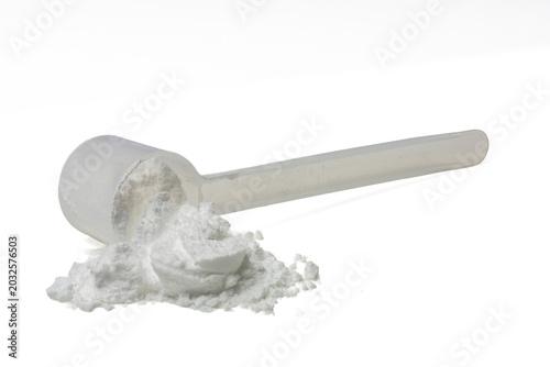 The High-resolution of protein powder using stack focus technique on a white background, suitable for editing.