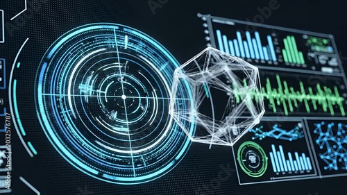 Futuristic Digital Interface Displaying Complex Data and 3D Model.