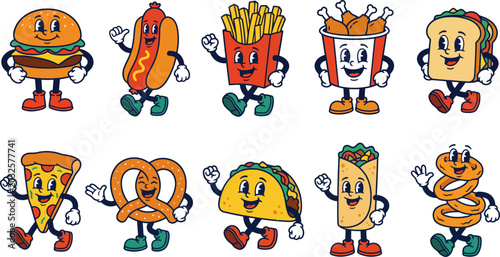 Φωτογραφία Cartoon fast food characters walking and smiling on white background