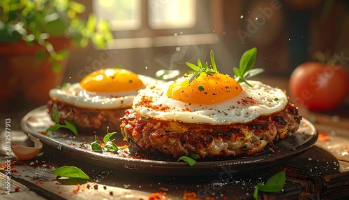 Fried eggs on a savory dish.