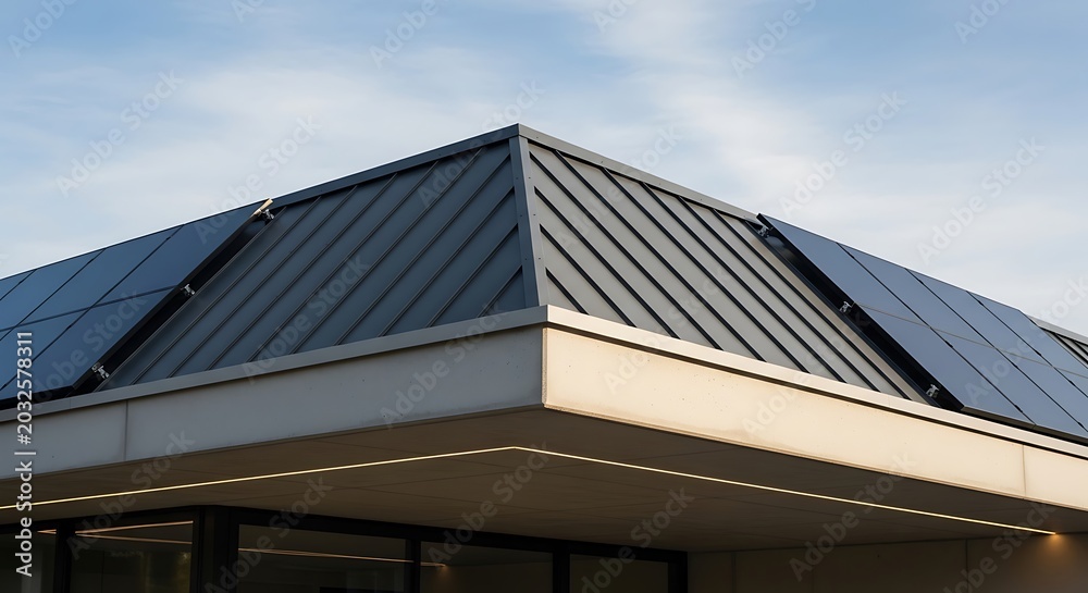Fototapeta premium Modern metal roof with solar panels and contemporary architectural design