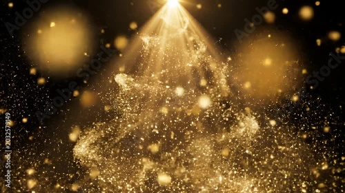 Golden Glittering Particles Exploding Upwards with Spotlight Effect.