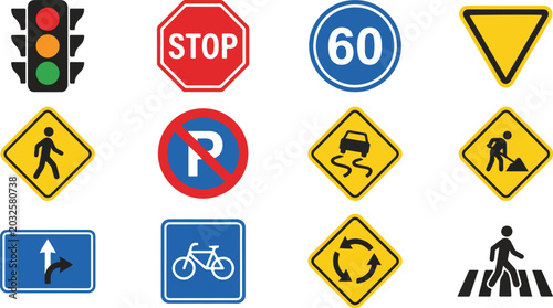 Quadro em tela Modern Traffic Signs and Road Regulation Vector Icon Set