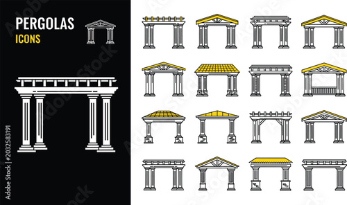 Tableau sur toile Classical pergola and garden pavilion line icon set featuring outdoor architectural structures, gazebo designs, patio roofing, columned arches, and backyard landscaping symbols
