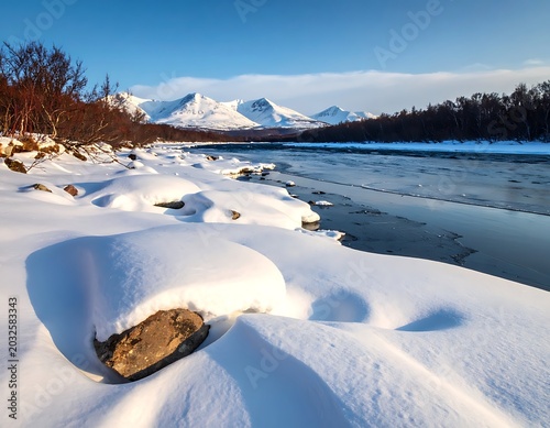 Serene winter landscape with snow-covered rocks and majestic mountains