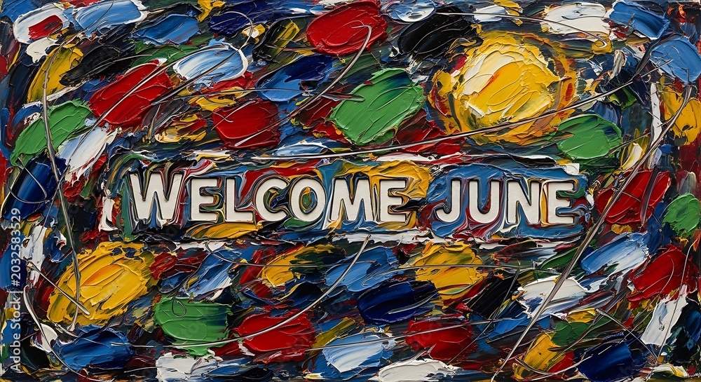 Fototapeta premium Colorful Mosaic Welcome June Summer Seasonal Greeting with Vibrant Tiles Background