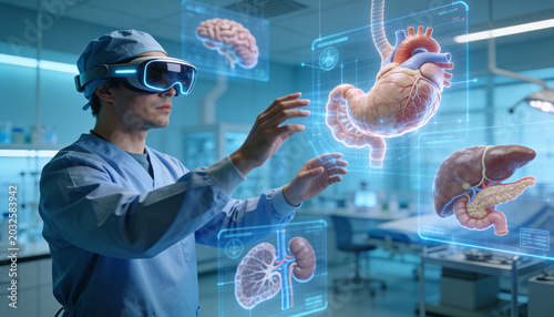 Surgeon Using Virtual Reality Headset with Holographic Human Organ Anatomy for Advanced Medical Training and Healthcare Technology