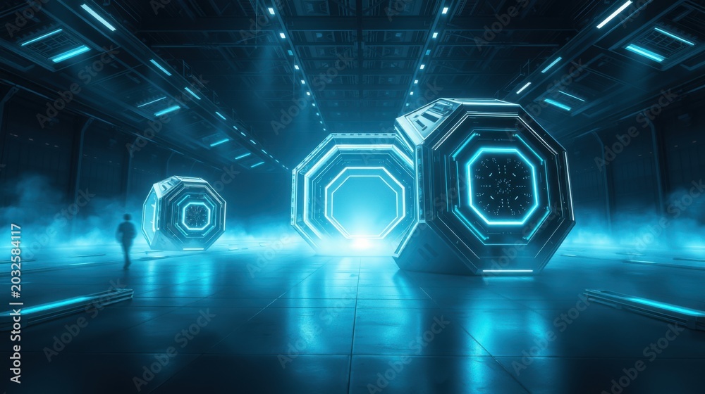 Fototapeta premium Futuristic corridor features glowing hexagonal structures. Dim lighting, fog create dramatic, scifi atmosphere. Person stands distant.