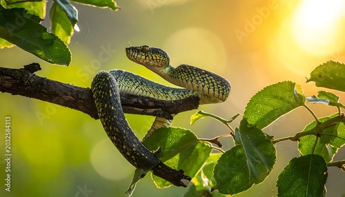 Snake on tree branch in sunlight.