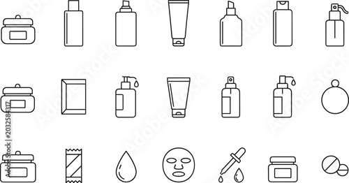 Konstfotografi Cosmetic container line icon set showing skincare bottles, jars, pump and spray