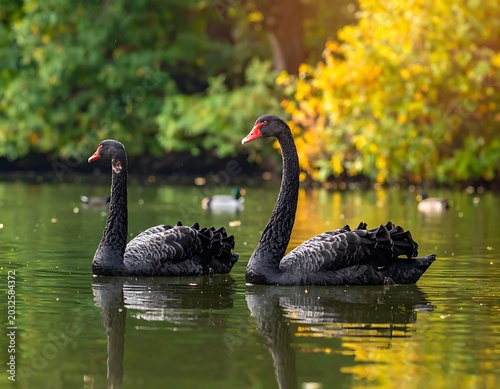 Two black swans on a serene lake surrounded by green and yellow foliage
